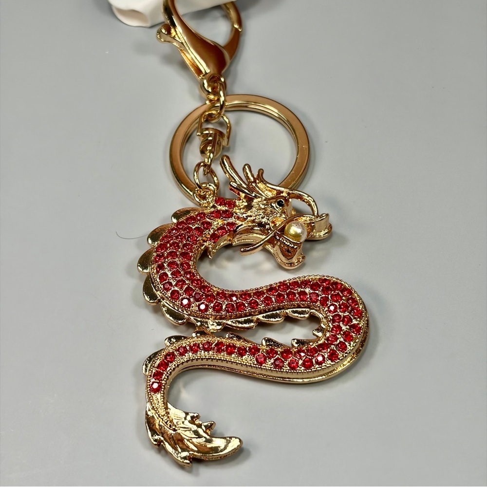 Asian Gold Dragon Keychain with Red Crystal Accents